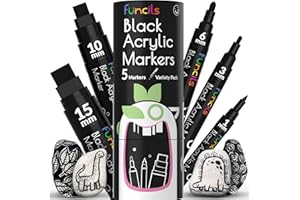 Funcils 5 Acrylic Black Paint Pen - Fine Tip, Thin Point & Jumbo Pens (1mm, 3mm, 6mm, 10mm, 15mm) - Black Paint Marker for Plastic, Canvas, Wood, Rock Painting, Fabric, Tire, Metal, Glass