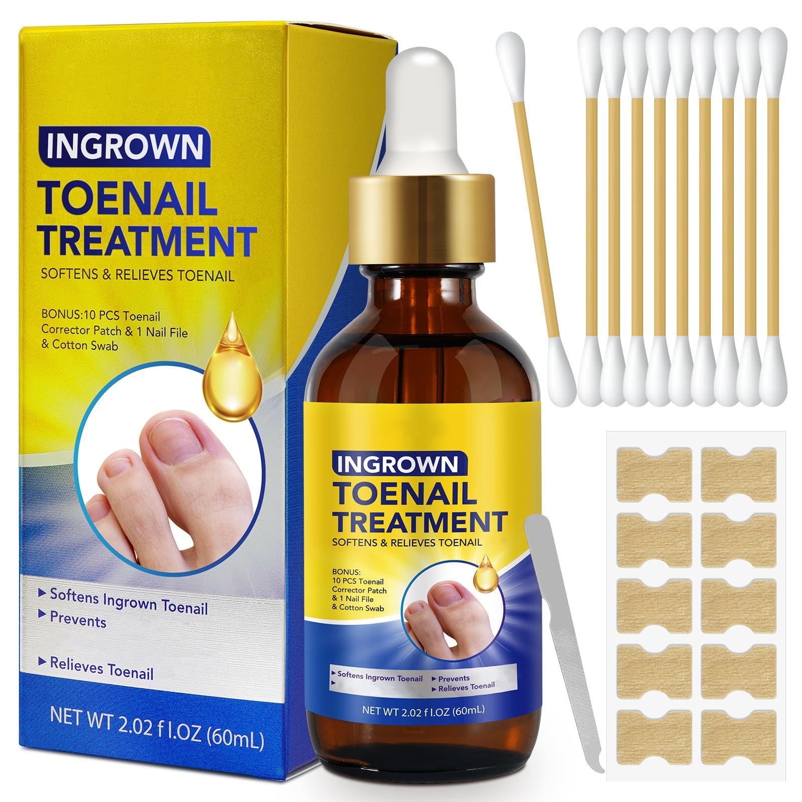 Ingrown Toenail Liquid, 60ml Ingrowing Toenail Kit, Correction Ingrown Toenail Softening Drops with Nail File & 10Pcs Toenail Corrector Patch