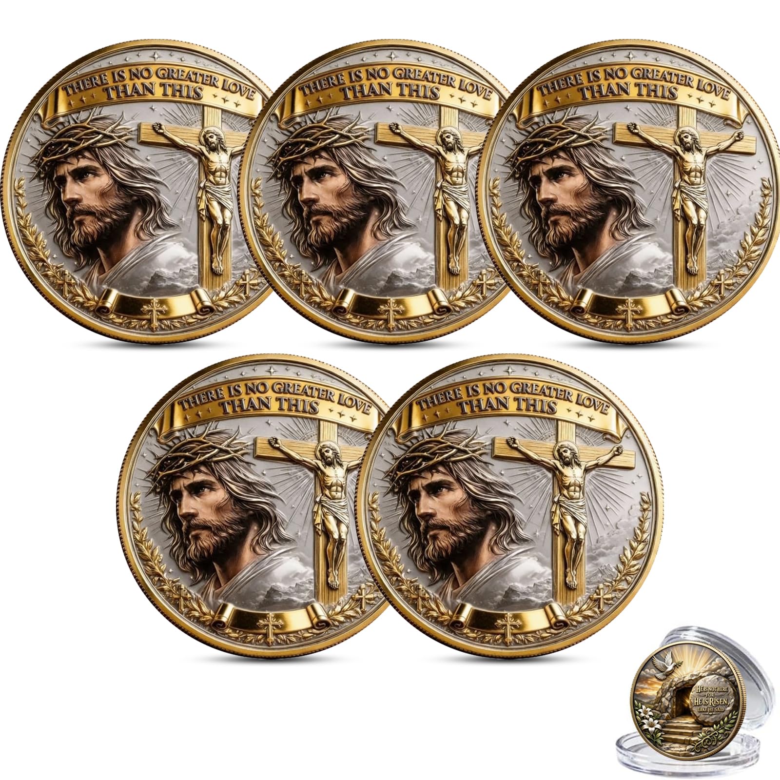 No Greater Love Resurrection Commemorative Coin, 5PCS | Christian Jesus Challenge Coin with Cross & Crown of Thorns, He is Ri