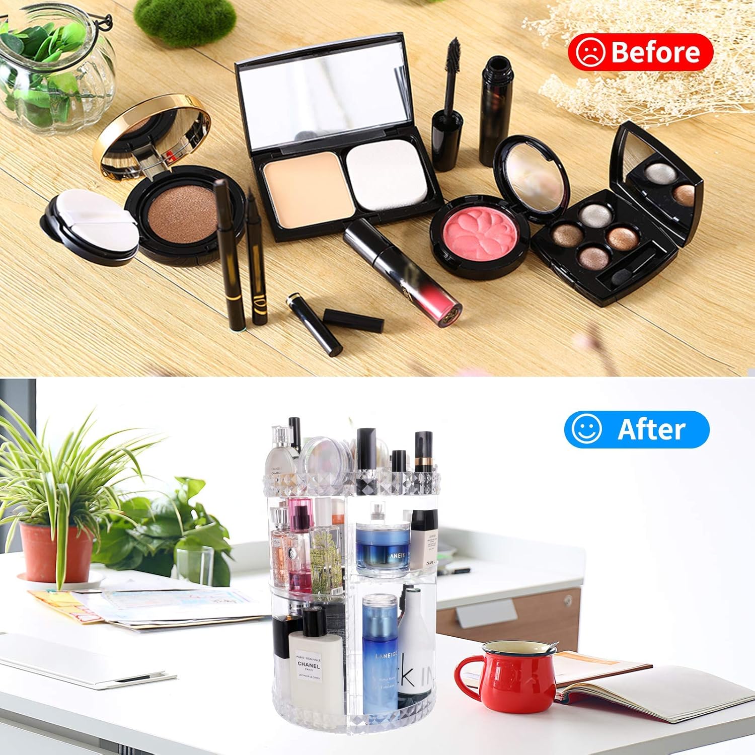 Deksias 360 Rotating Makeup Organizer, Adjustable Carousel Acrylic Storage,Large Capacity Spinning Cosmetics Display Case for Bathroom,Bedroom,Dresser or Vanity Countertop (Clear): Home Improvement