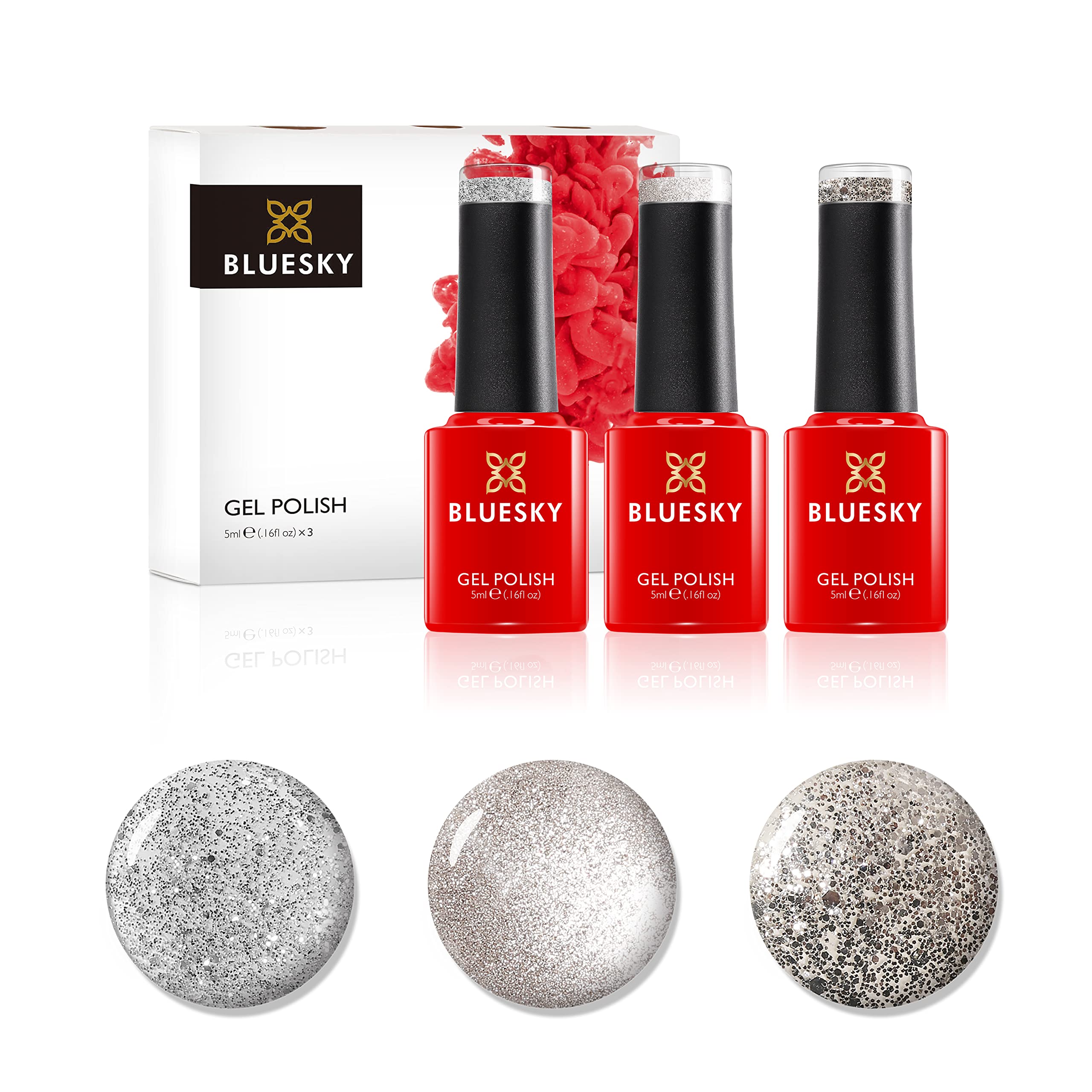 Bluesky Gel Nail Polish Set, Sexy Silvers, Silver Glitter Explosion 80573, Aurora KS1050, Safety Pin 80606, 3 x 5 ml, (Requires Curing Under UV or LED Lamp) — image 1