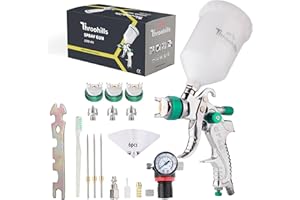 Throohills Professional HVLP Spray Gun, 1.4/1.7/2.0mm Nozzle HVLP High Atomization Flow Adjustable Pneumatic Gravity Spray Gun with 600cc Cup & Gauge for Paint Touch-Up(Green)