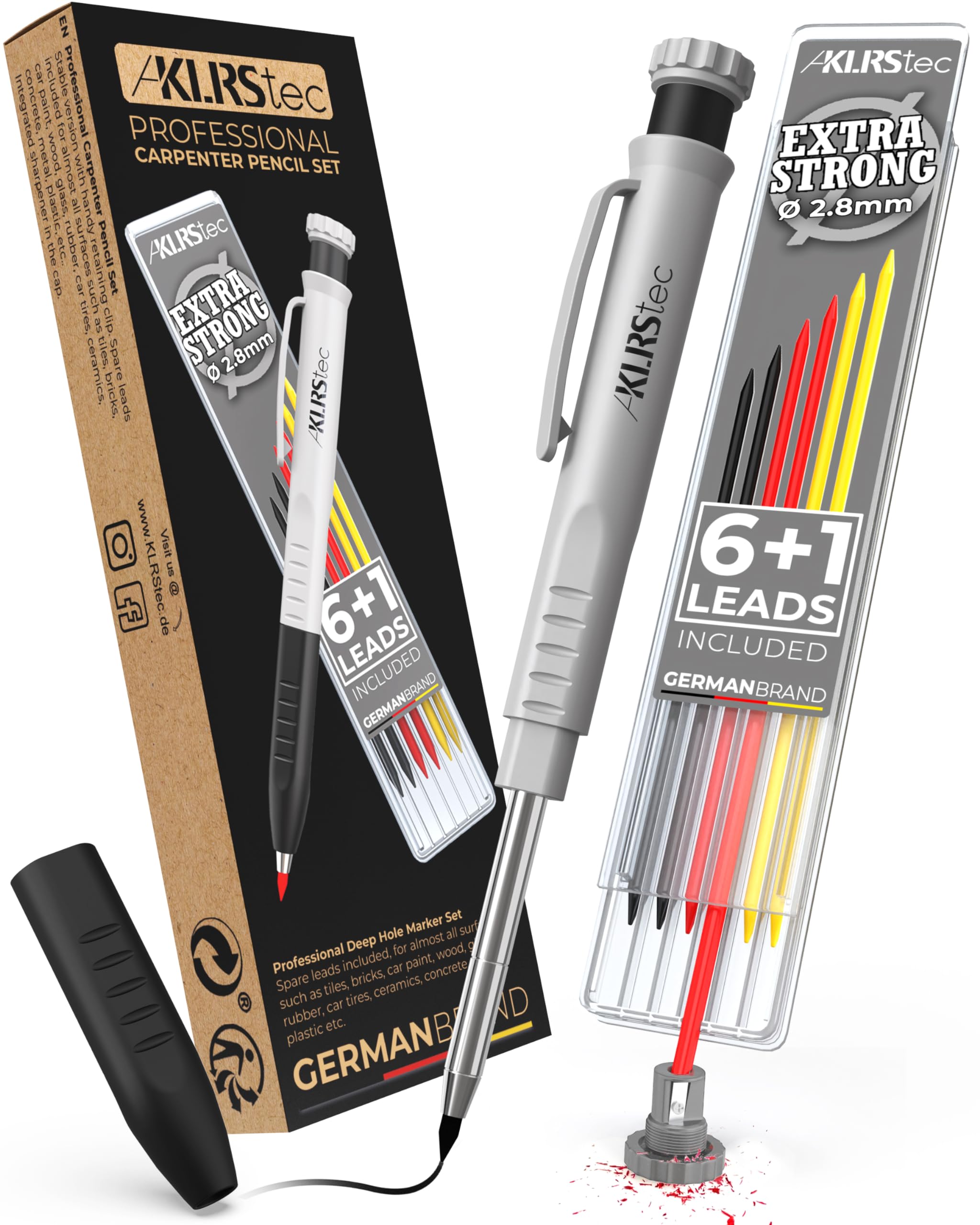 KLRStec Professional Deep Hole Marker including 7 Leads - Carpenter's Pencil for Construction Site - Drill Hole Marker, Marker Pen, Craftsman Pencil, Hole Marker
