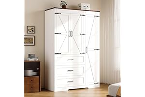 DALYLUXA 3 Door Armoire Wardrobe Closet Cabinet with 3 Drawers and Drawers, Farmhouse Bedroom Armoire with Hanging Rod and Adjustable Shelves, Large Capacity Storage Wardrobe Armoire for Bedroom, White