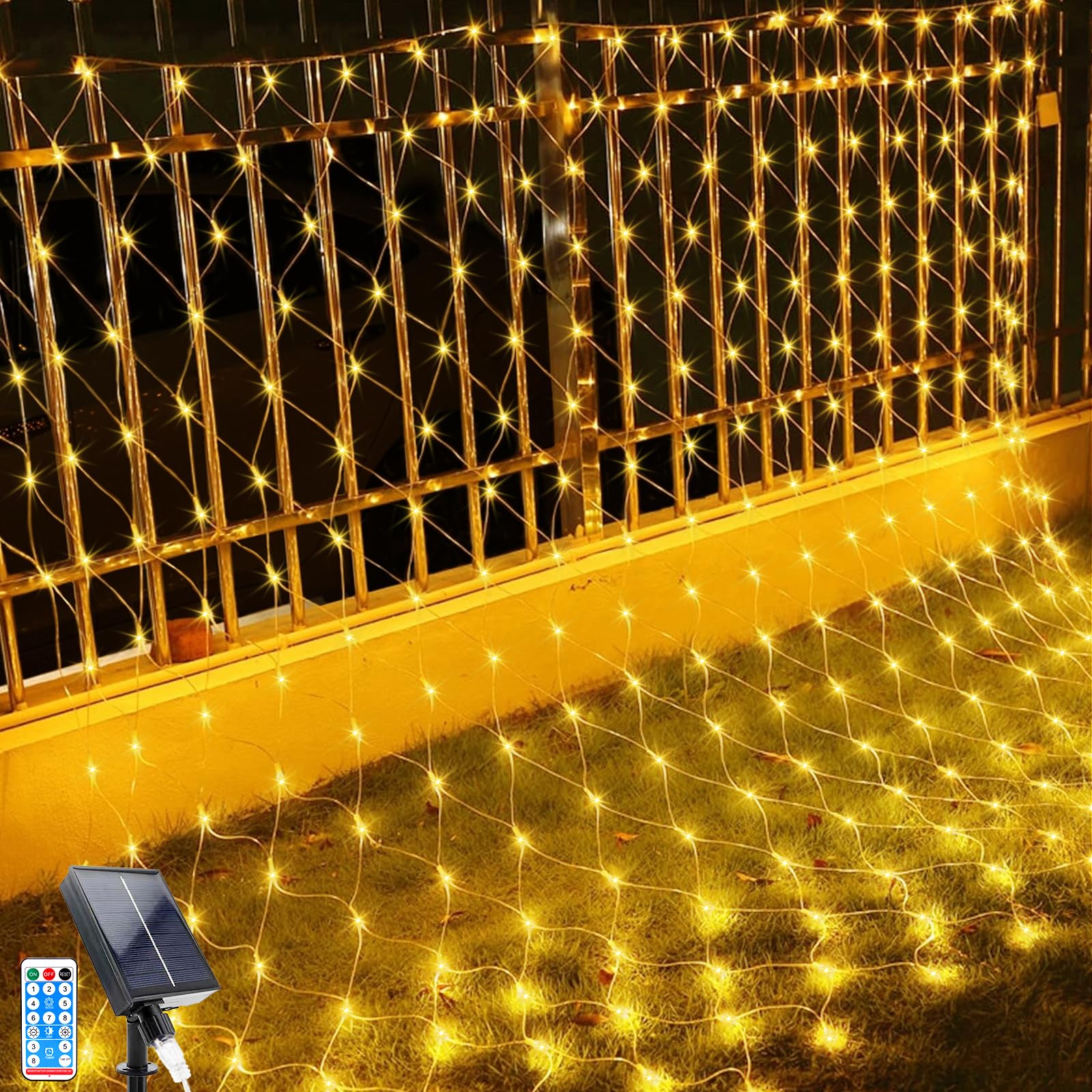 Solar LED String Light, 2 x 3 m Net String Lights, 192 LEDs 8 Modes Waterproof Outdoor Mesh Light with Remote Control for Christmas, Garden, Balcony Decoration (2 x 3 m, Warm White)