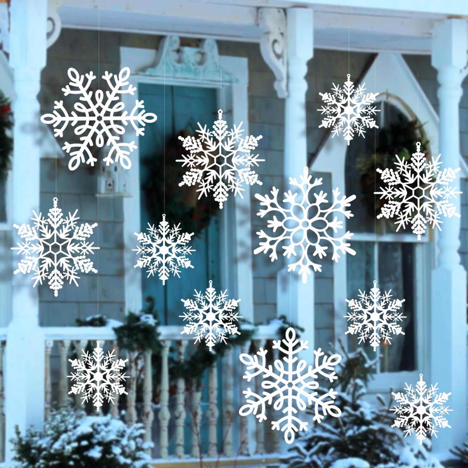 Photo 1 of 12pcs Large Christmas Hanging Snowflakes Decorations Outdoor - White Big Hanging Snowflake in Different Sizes for Winter Decoration Indoor Outdoor Christmas Tree Holiday Decor