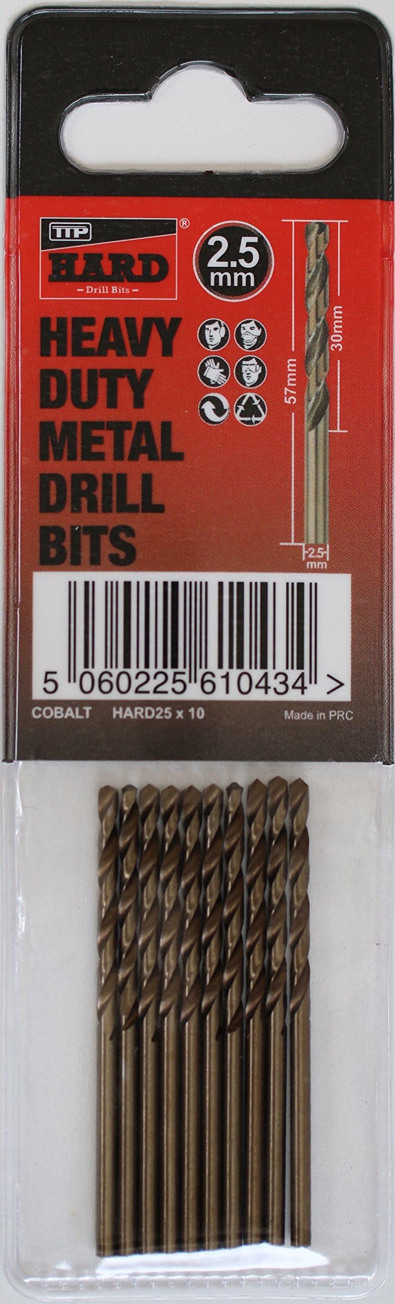 Cobalt M35 metric 2.5mm drill bits for metal by TTP HARD drills | Pack of 10 x 2.5mm cobalt drill bits | added cobalt for drilling harder metals |Easy to use & long life | Easily drill chrome, stainless steel, hardox 450, cast iron and aluminium | Heavy duty and designed for drilling harder metals and alloys | maintains cutting abilities at higher temperatures | reduced heat build up | can be resharpened | Certificate of Hardness from SGS Testing