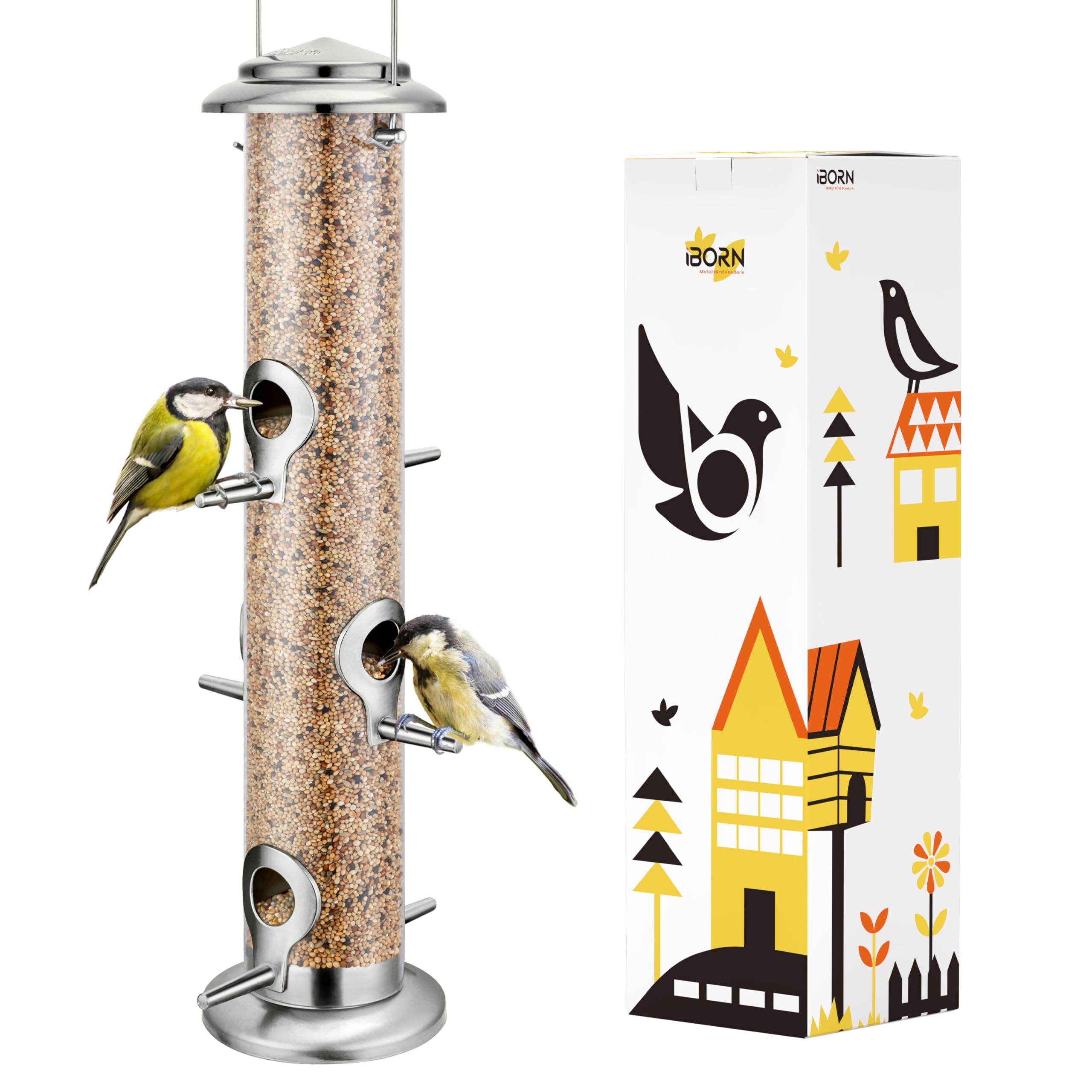 iBorn Metal Bird Feeders 6 Ports Hanging Wild Bird Seed Feeder for Mix Seed Blends, Niger Seed Feeder, Sunflower Heart, Birdbath, Heavy Duty All Metal Nickle Finishing 15 Inch 6Port