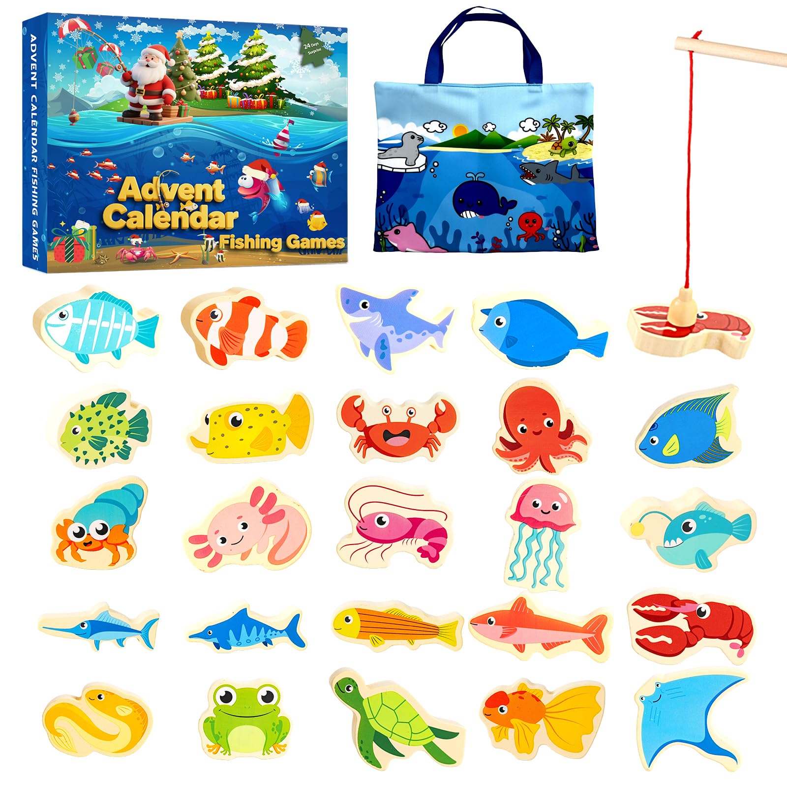 Advent Calendar 2025 Fishing Game for Kids,24 Days Christmas Countdown Calendar Wooder Fishing,Learning About Marine Fish,Christmas Wooden Fishing Game for Boys,Girls,Toddlers,and Kids