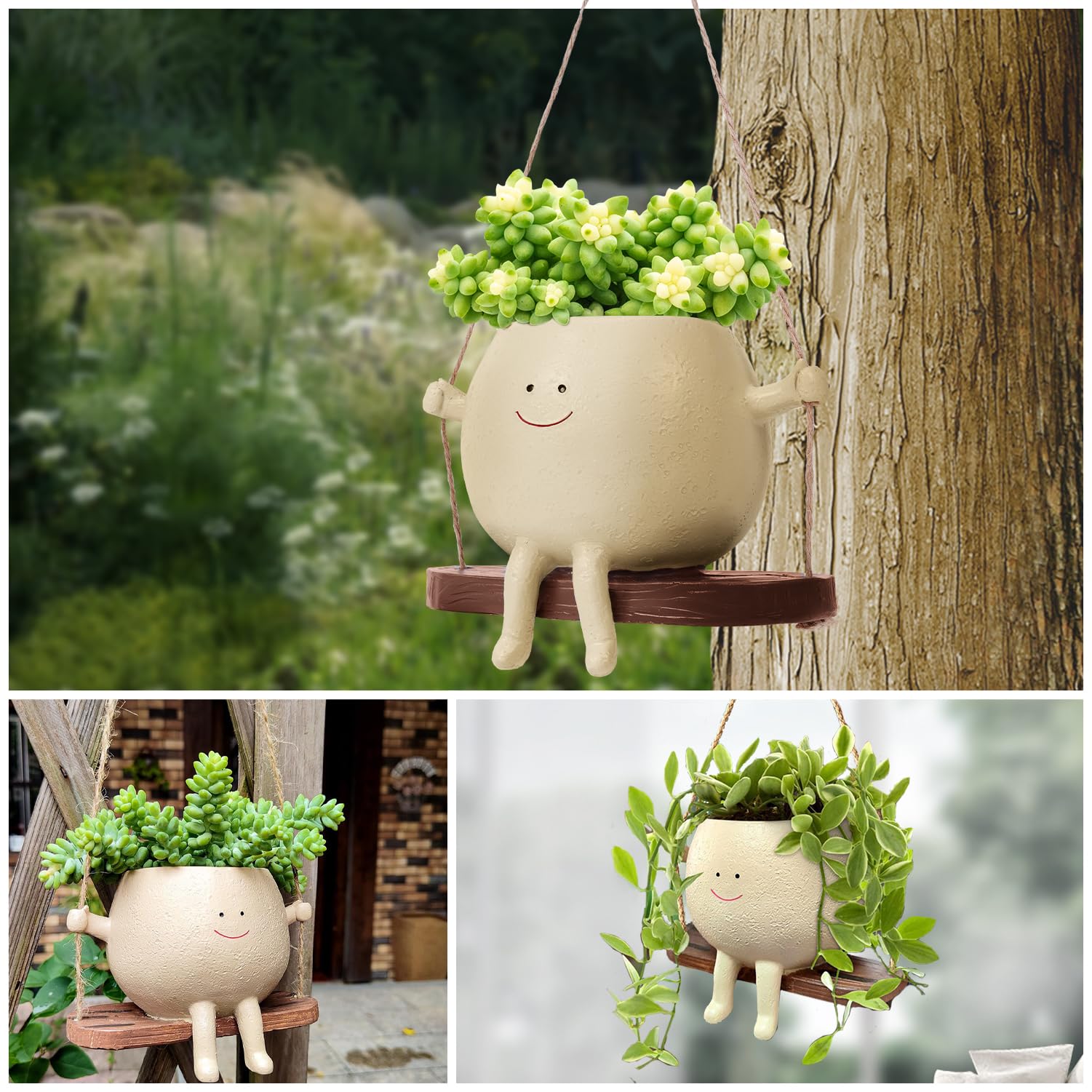 Umikk Hängende Blumentöpfe mit Schaukel Gesicht, Blumentopf mit Gesicht, Übertopf Mit Hängendem Kopf Swing Face Übertopf, Niedlicher Blumentopf Mit Lächeln-Gesicht Und Schaukel