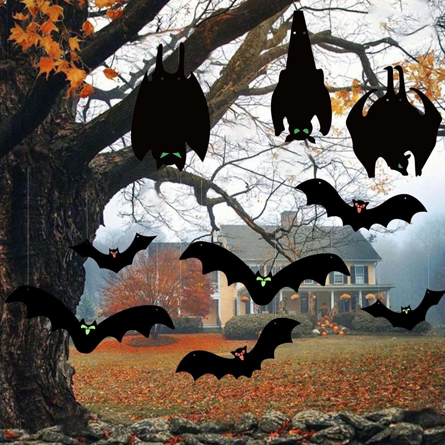 Yard Signs - Halloween Decorations Outdoor,9 Pcs Hanging Bats Halloween Decoration,Scary Black Bat with Glow in The Dark Eyes,Halloween Tree Party Decor Signs for Door Lawn Garden Front Porch Home Yard Outside