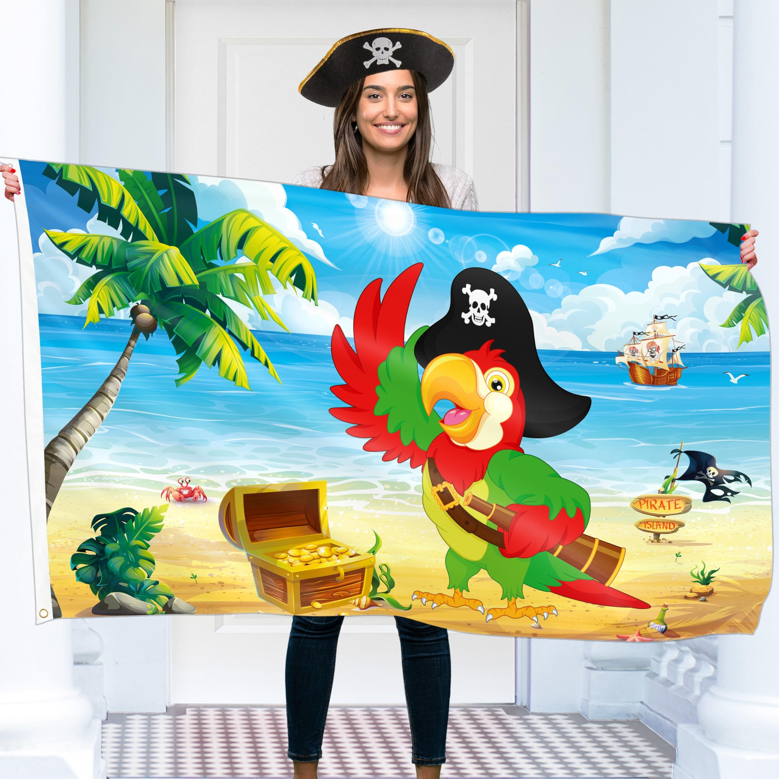 Pirate Flag – Jolly Roger Flag with Parrot - Double-sided Print – 110Den polyester - Double Seam - 2 brass eyelets, large 5ft x 3ft