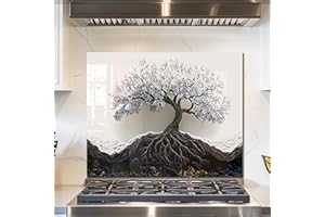 fzxwyishu Tree of Life,Tempered Glass Backsplash For Kitchen Behind Stove,Easy to Clean Kitchen Sink Cover Splash Guard, Home Kitchen Décor (White, 30"x24"(76.2x60.96cm))