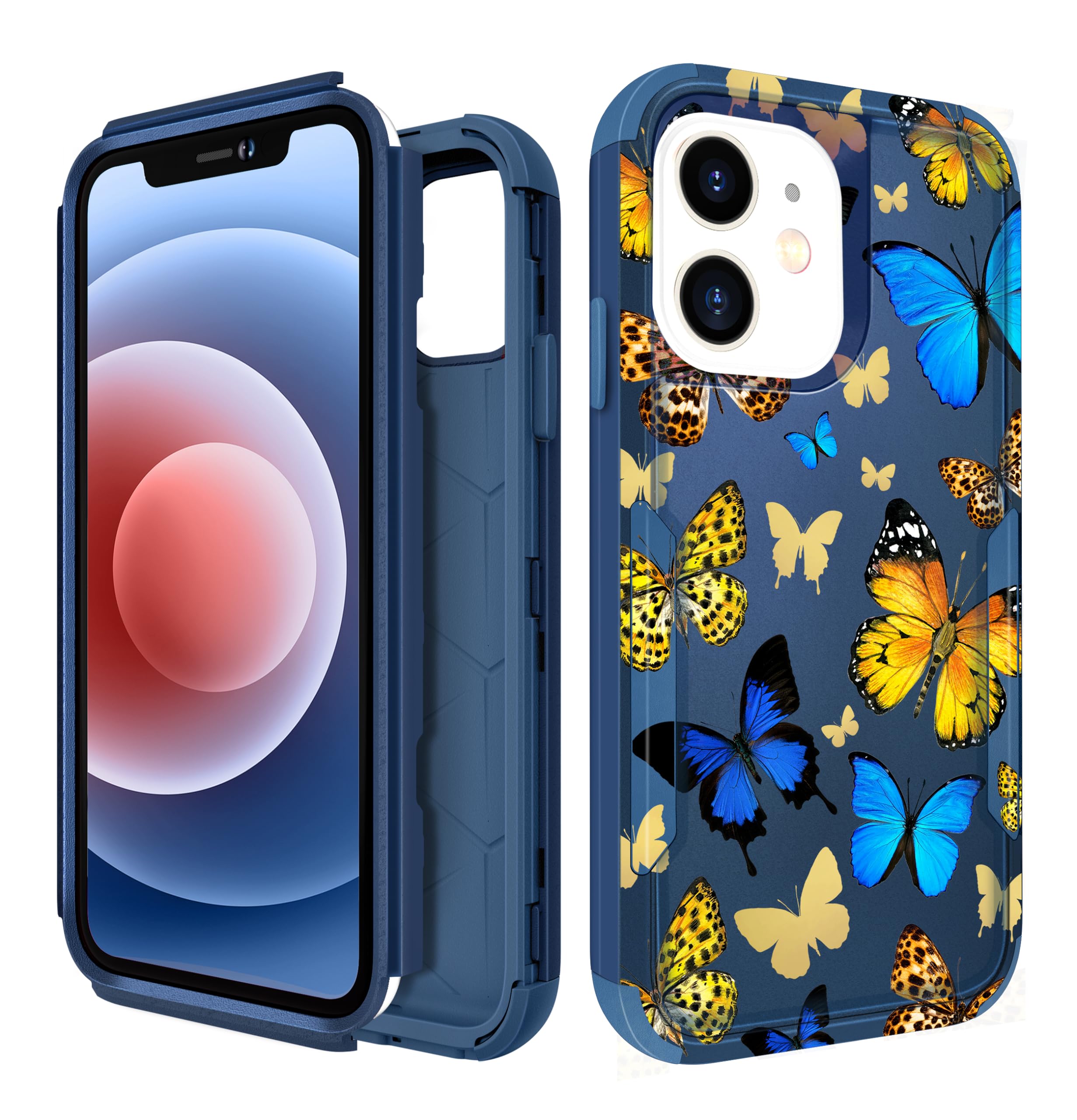Pegmode for iPhone 12 Case - Heavy Duty Protective Designer Blue Butterflies Cute Cartoon Hard Shockproof Bumper Phone Cases for Apple 12 for Girly Women Men Girls Boys Teens — image 1