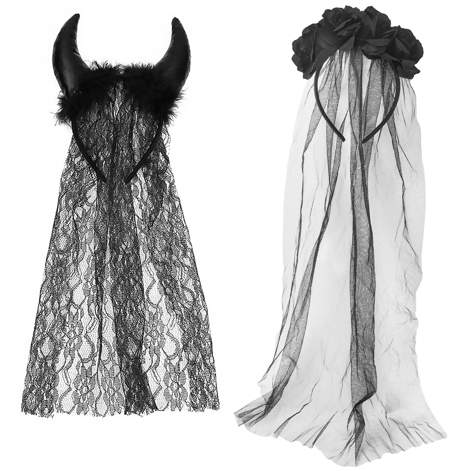 GWAWG Black Veil Halloween,2PCS Halloween Hairband Decorations with Black Flowers and Devil's Horn,Corpse Bride Veil,Party Fancy Dress Hair Accessory for Adults