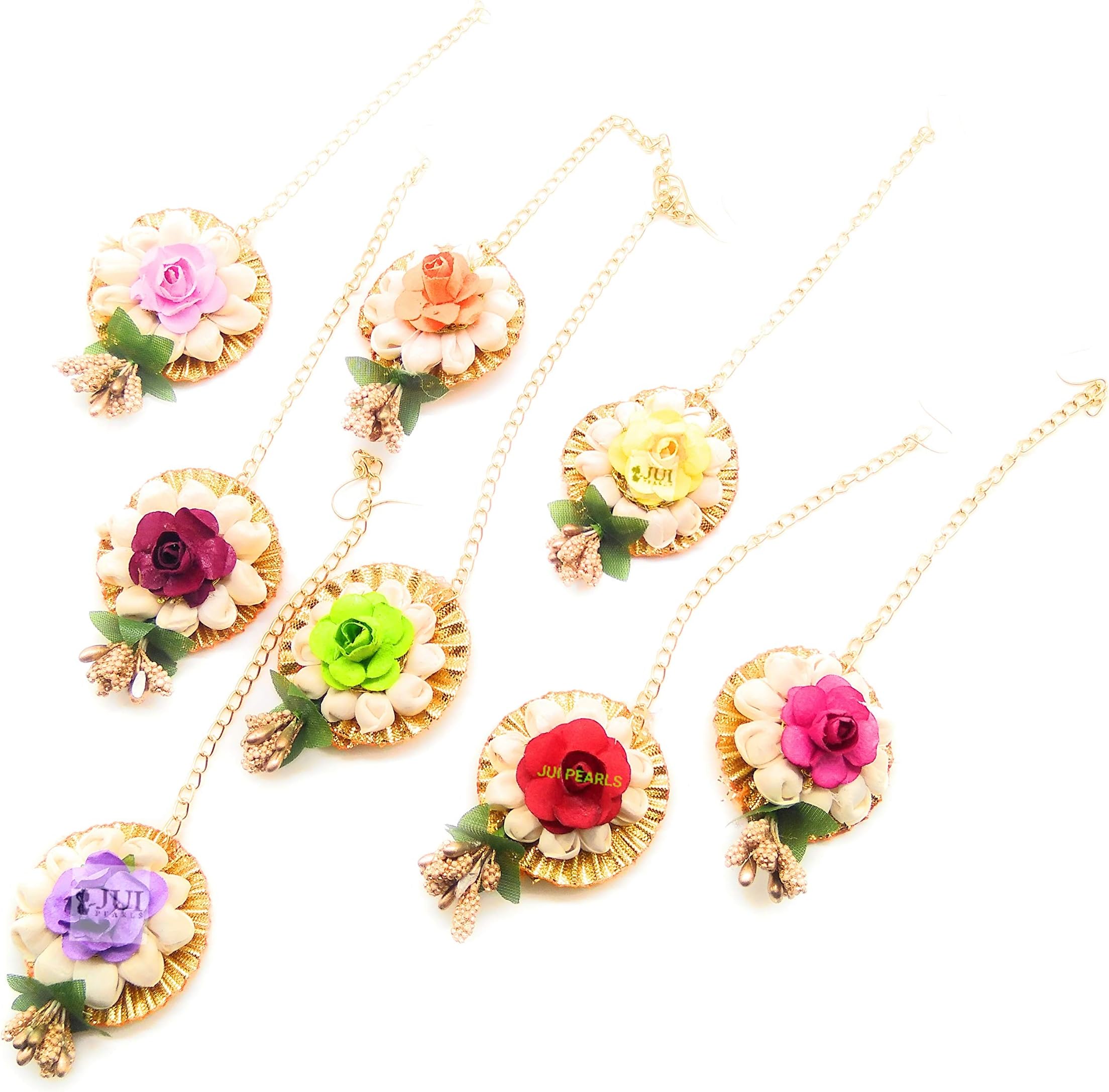 Jui Pearls Multicolour Plastic Roses Mangtika Full Set Gota Flower Jewellery Set For Women - Combo Of 8