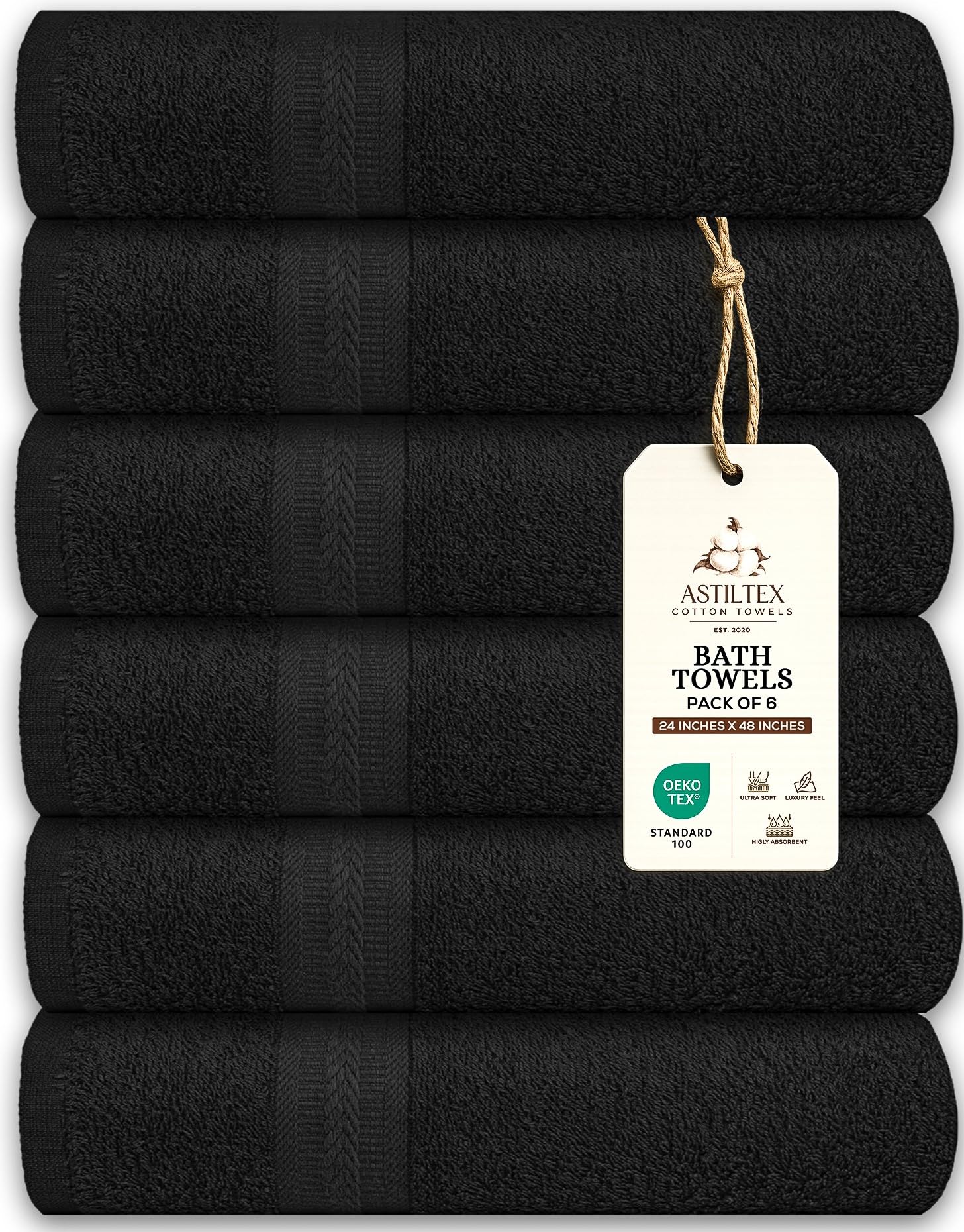ASTILTEX Bath Towels Pack of 6 – 24x48 Inches – Soft, Quick Dry & Highly Absorbent – 100% Cotton Towels for Bathroom, Spa, Gym & Hotel – Black
