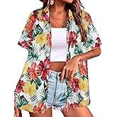 Hawaiian Shirts for Women Tropical Floral V Neck Button Up Tshirt Summer Beach Short Sleeve Blouses Tops