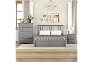 Flieks 3-Pieces Bedroom Furniture Sets, Bedroom Sets Storage Queen Size Platform Bed with Nightstand(USB Charging Ports) and Storage Chest, Gray+Natrual