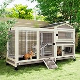 2 Story Rabbit Hutch Outdoor Indoor, Wooden Bunny Cage with 6 Lockable Wheels, 3 Removable No Leakage Pull Out Trays, Chew-Proof Ramp &amp; Waterproof Roof, Ideal for Rabbit &amp; Guinea Pig
