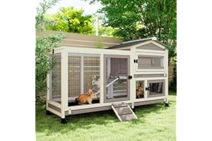 MAYUGARDENING 2 Story Rabbit Hutch Outdoor Indoor, Wooden Bunny Cage with 6 Lockable Wheels, 3 Removable No Leakage Pull Out Trays, Chew-Proof Ramp & Waterproof Roof, Ideal for Rabbit & Guinea Pig