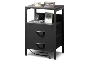 LAZZANTO NightStand Bedside Charging Table Bedroom - Night Stand with Charger Station, Modern Nightstand with Open Shelf & 2 Fabric Drawers, Bed Side Table with USB-C USB Ports & AC Outlets for Dorm, Black