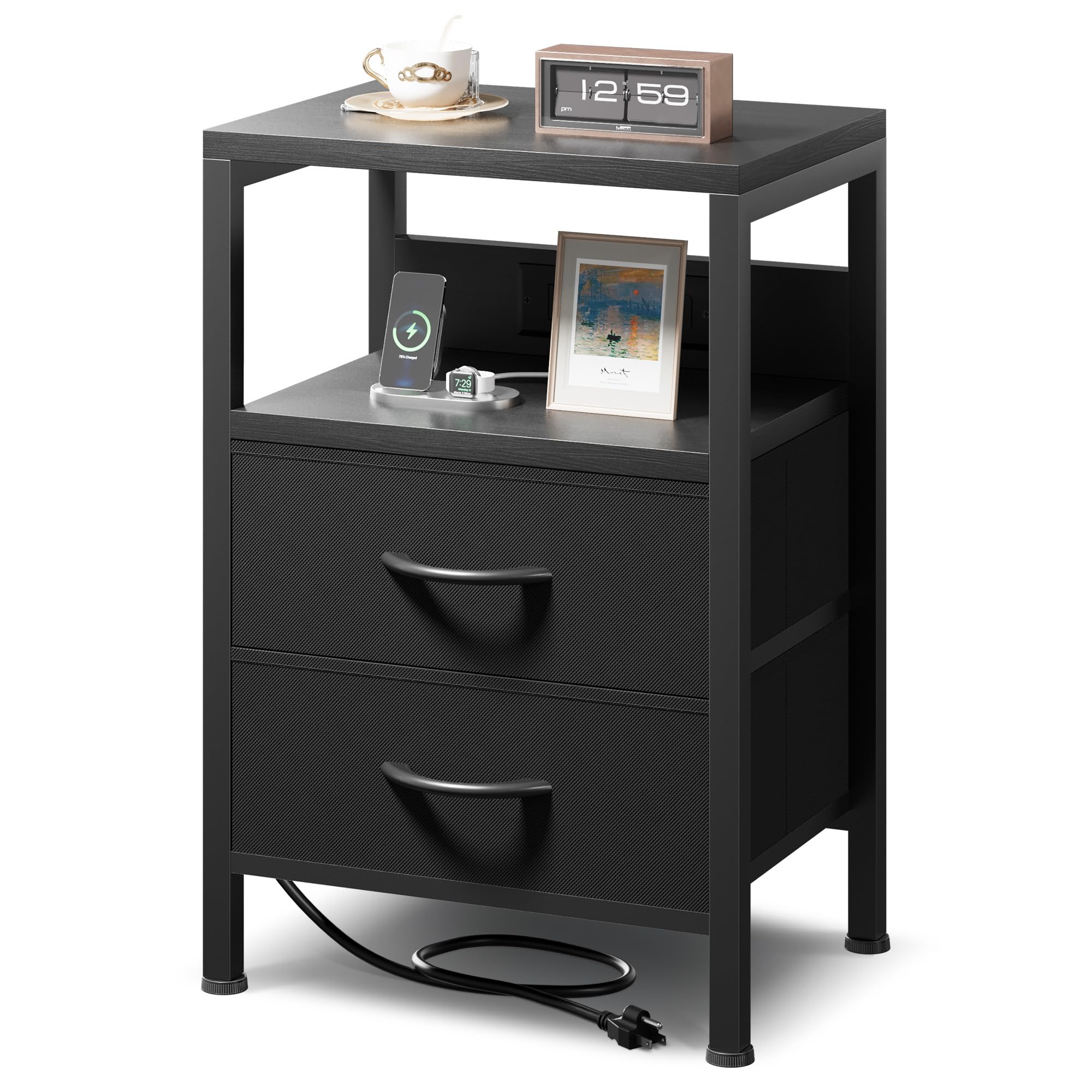 Photo 1 of NightStand Bedside Charging Table Bedroom - Night Stand with Charger Station, Modern Nightstand with Open Shelf & 2 Fabric Drawers, Bed Side Table with USB-C USB Ports & AC Outlets for Dorm, Black