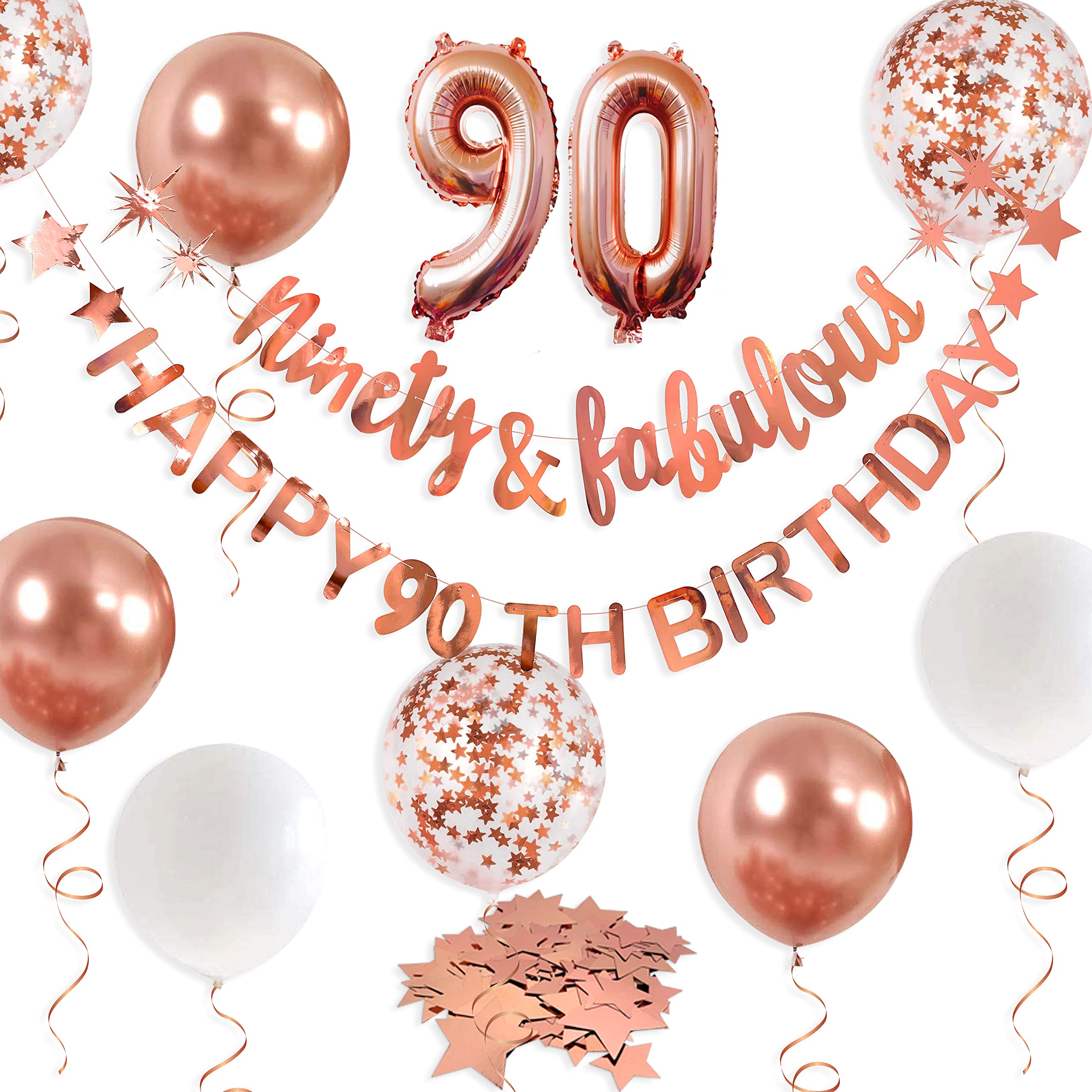 Pinkblume Rose Gold Ninety & Fabulous 90th Birthday Banner & Garland - Foil Balloon - Cheers to 90 Years Old Party Supplies Backdrop