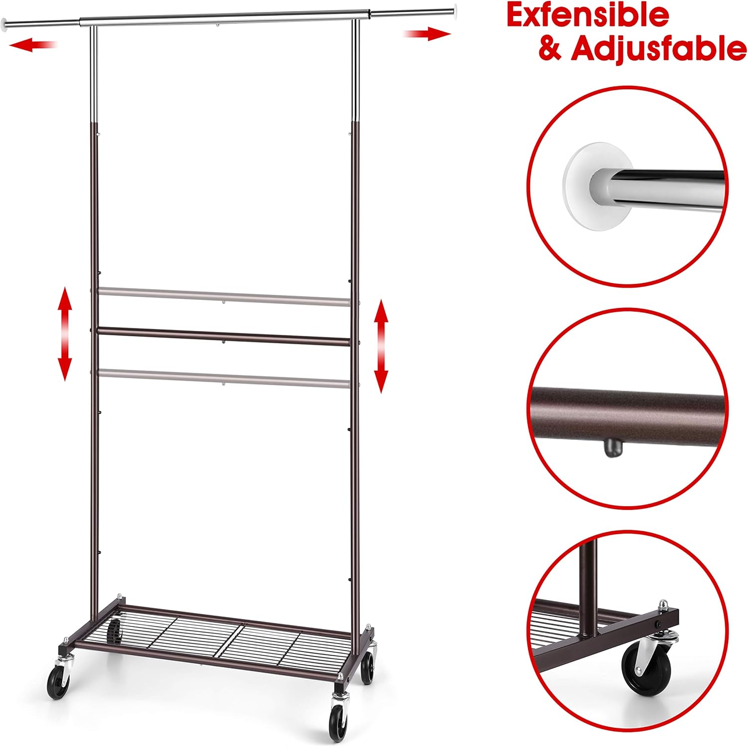 Simple Trending Standard Clothing Garment Rack, Rolling Clothes Organizer with Wheels and Bottom Shelves, Extendable, Bronze: Home & Kitchen