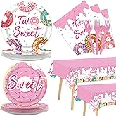 ZOIIWA 98 Pieces Two Sweet Donut Birthday Party Supplies for 24 Guests Girls Donut Tableware Set Baby Girl 2nd Birthday Paper Plates Napkins Tablecloth Decorations Table Cover Dinnerware Party Favors