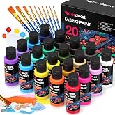 Verdeart Fabric Paint, 20 Colors Permanent Soft Fabric Paint Set for Clothes in Bottles (60ml/2oz) with 10 Brushes, Palette