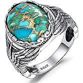Yaresul Oval Men's Turquoise Eagle Wings Ring, Sterling Silver Vintage Mens Thumb Pinky Ring, Oxidized Bezel Setting Teal Size 8-12
