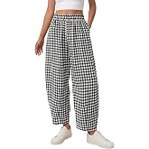 PRETTYGARDEN Plaid Barrel Pants Women Summer Bottoms | Loose Wide Leg Trousers, High Waisted Gingham Pant, Pockets, Spring Fall Clothes for Lounge, Casual Outing, Beach Vacation