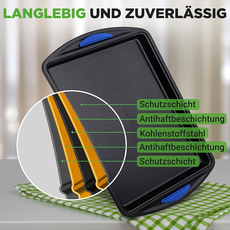 Backblech Set 3-teilig – Antihaft Ofenbleche Blau mit Silikongriffen, 45.5x27 cm, 40x25 cm, 35x22 cm PFOA-frei, stapelbar und langlebig, rutschfest, gut für Pizza, Kuchen, Brot, Blau/Schwarz — Foto 8 von 8