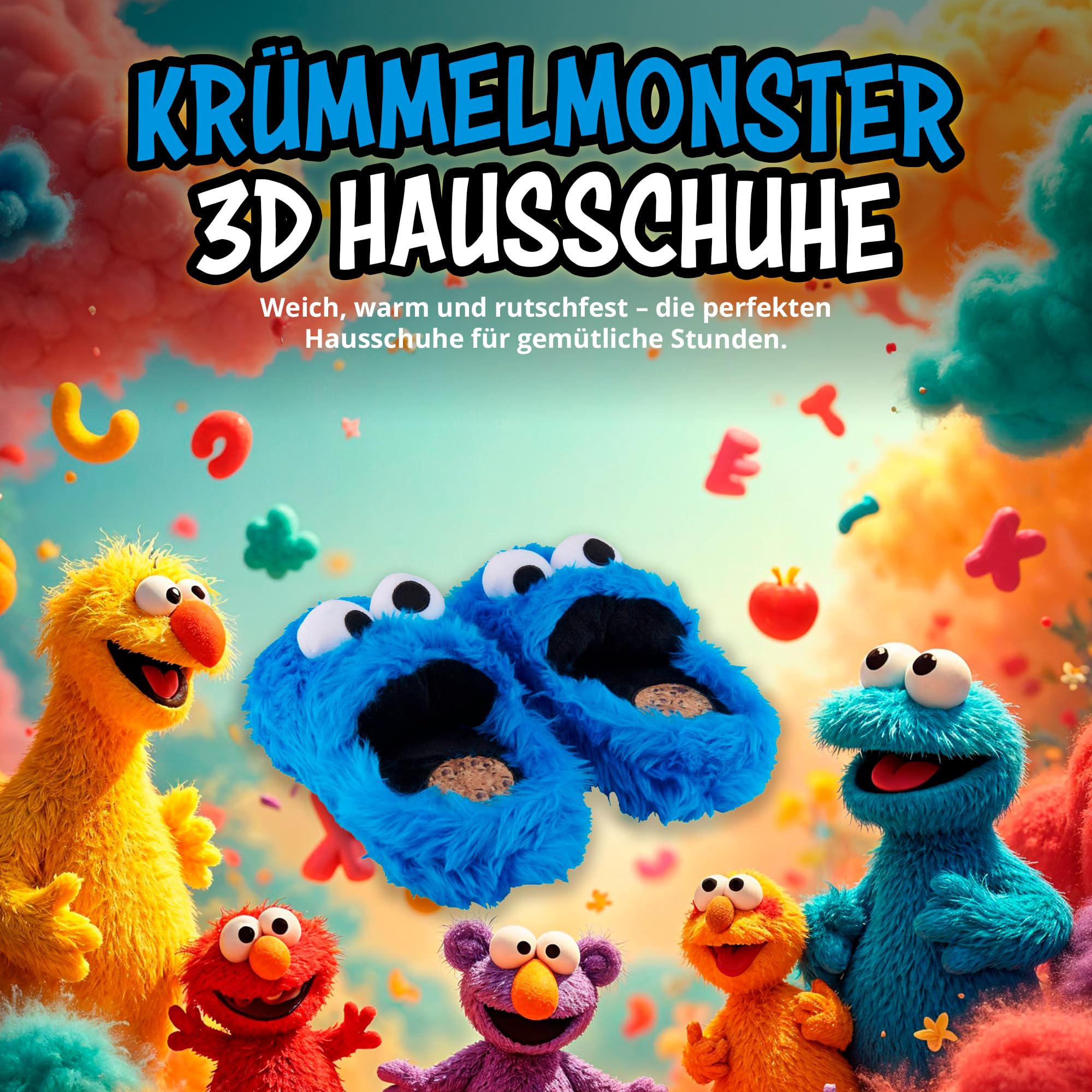 United Labels Sesamstraße 3D Hausschuhe Plüsch Cookie Monster, Blau, 41/43, Pantoffeln mit Fell und Anti Rutsch Noppen, Slipper 2