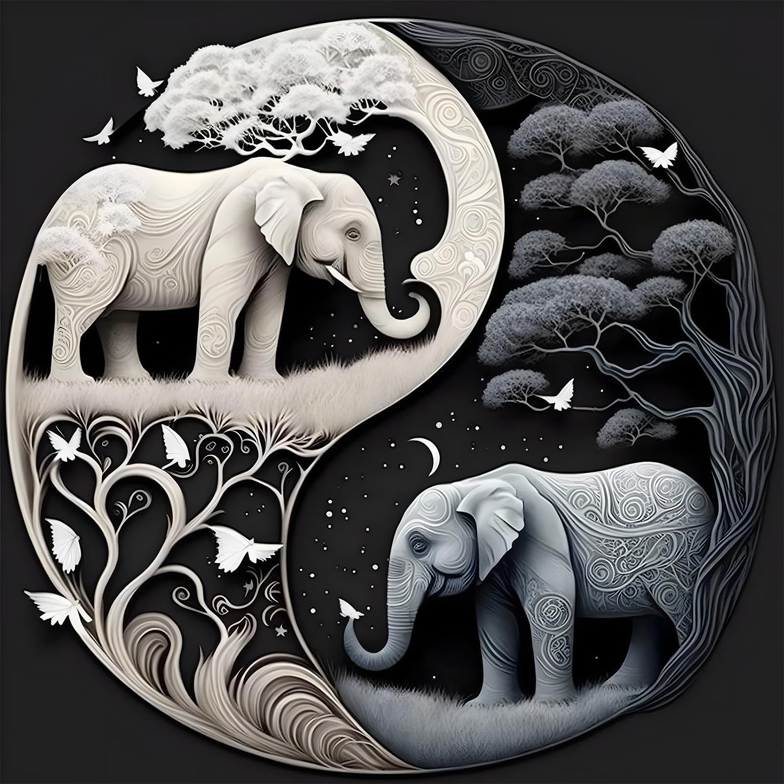 MOGTAA Elephants Diamond Painting for Adults, 5D Yin Yang Elephants Diamond Painting for Kids, Animals Diamond Arts for Beginners, Full Drill Diamond Arts and Crafts Painting for Home Decor 30x30cm