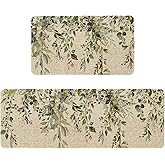 HSOWKDN Sage Green Eucalyptus Kitchen Rugs Sets of 2 Non Slip Washable, Botanical Leaves Spring Kitchen Mats for Floor 2 Piece Home Decor