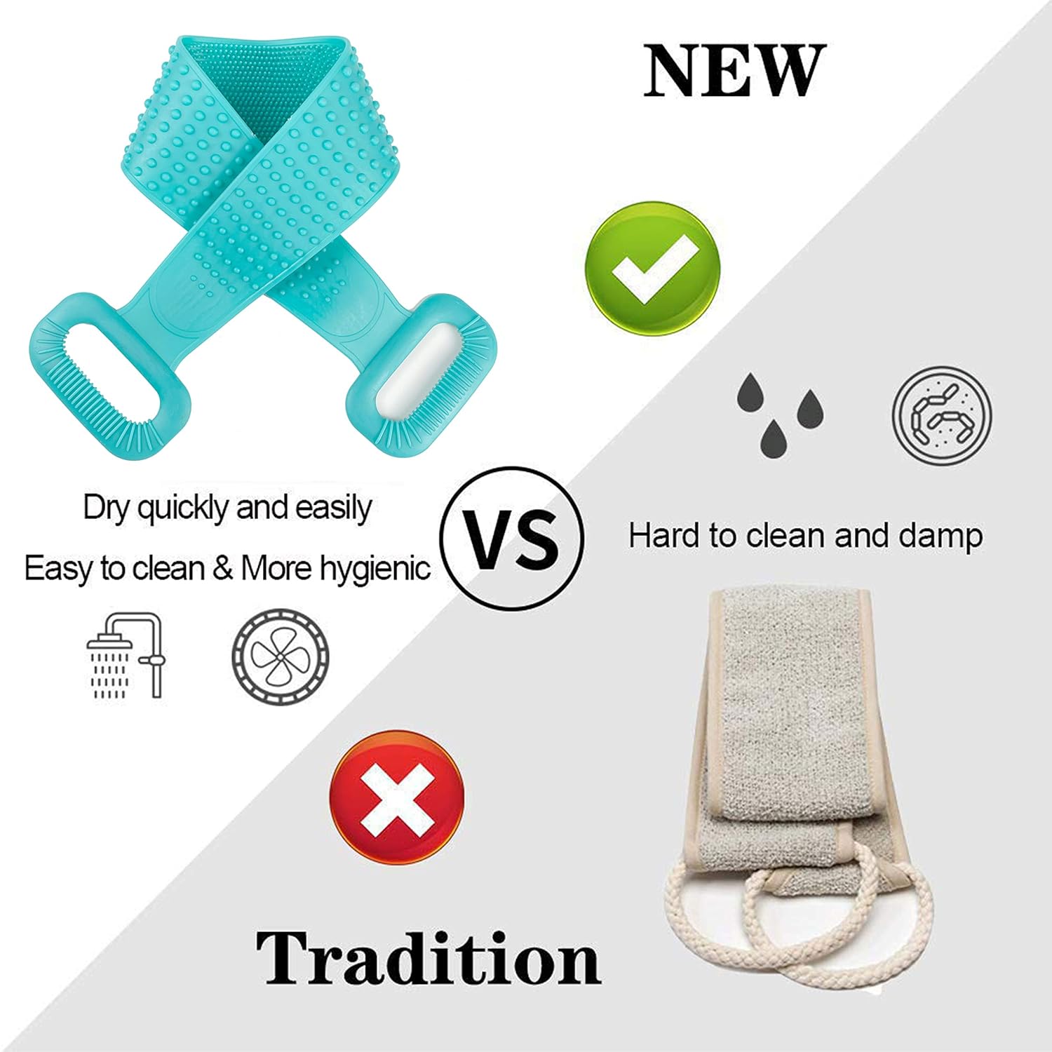HORHORUP Silicone Back Scrubber for Shower, 30inch Extra Long Exfoliating Bath Body Brush with Double Side Silicone, Deep Clean & Invigorate Skin, Long Handle Body Scrubber for Men, Women (Green) : Beauty