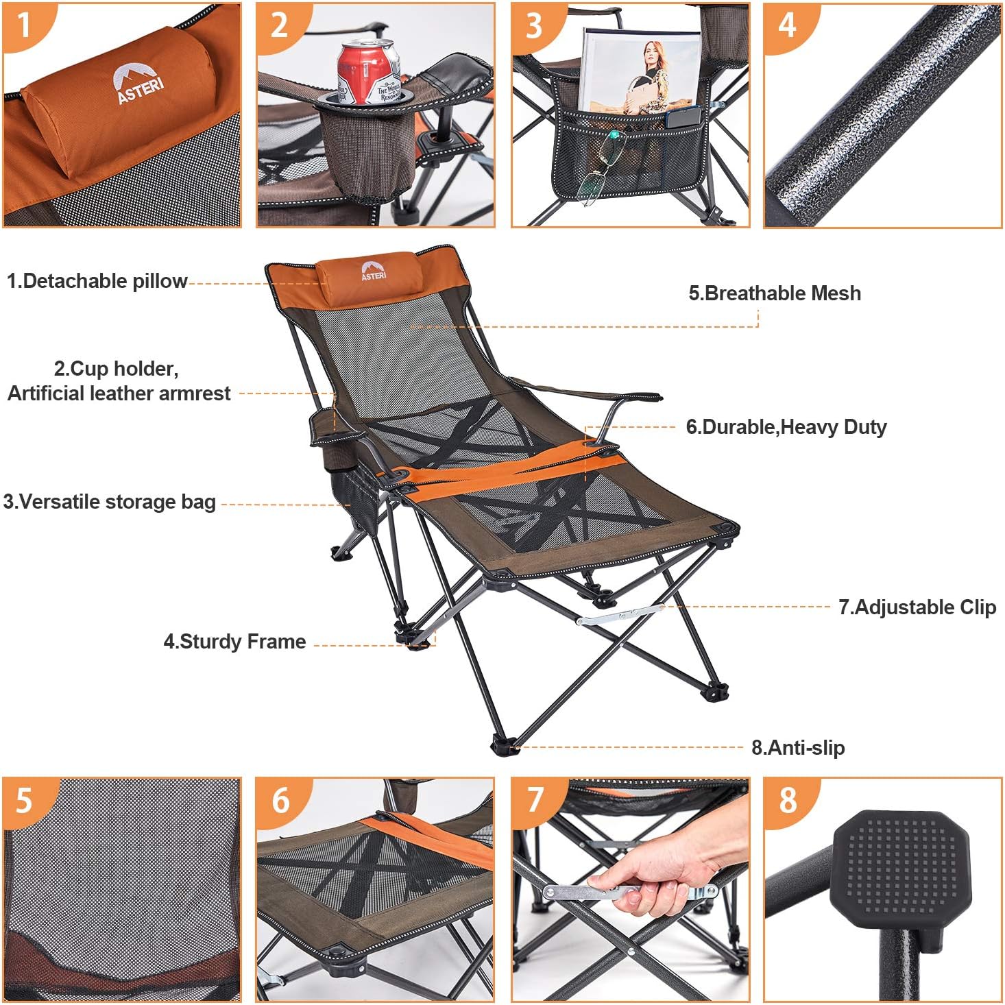 XGEAR Camping Chairs Folding Reclining Portable Chair with Cup Holder
