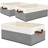 3 Pack Large Capacity Storage Bins Closet Organizer for Shelves, Fabric Closet Storage Baskets Boxes with Leather Handles for Organizing Clothes, Sheets, Jeans, Toys, Books (Grey)