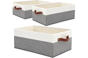 GOWEE 3 Pack Large Capacity Storage Bins Closet Organizer for Shelves, Fabric Closet Storage Baskets Boxes with Leather Handles for Organizing Clothes, Sheets, Jeans, Toys, Books (Grey)