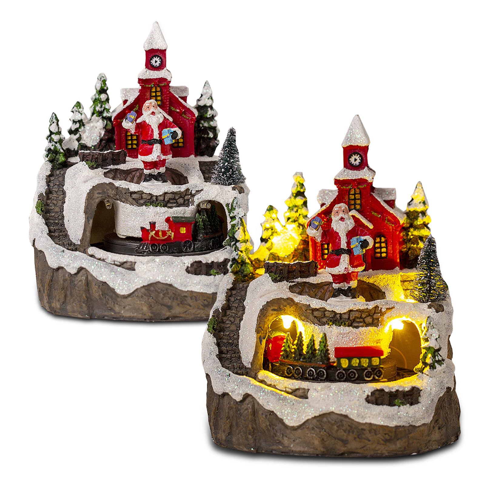 Les-Theresa Christmas Village Houses, Resin Xmas Houses with Music & Light, Rotating Train, 8 Classic Christmas Songs, 5.5x5.12x4.72 Inches, Color: 01