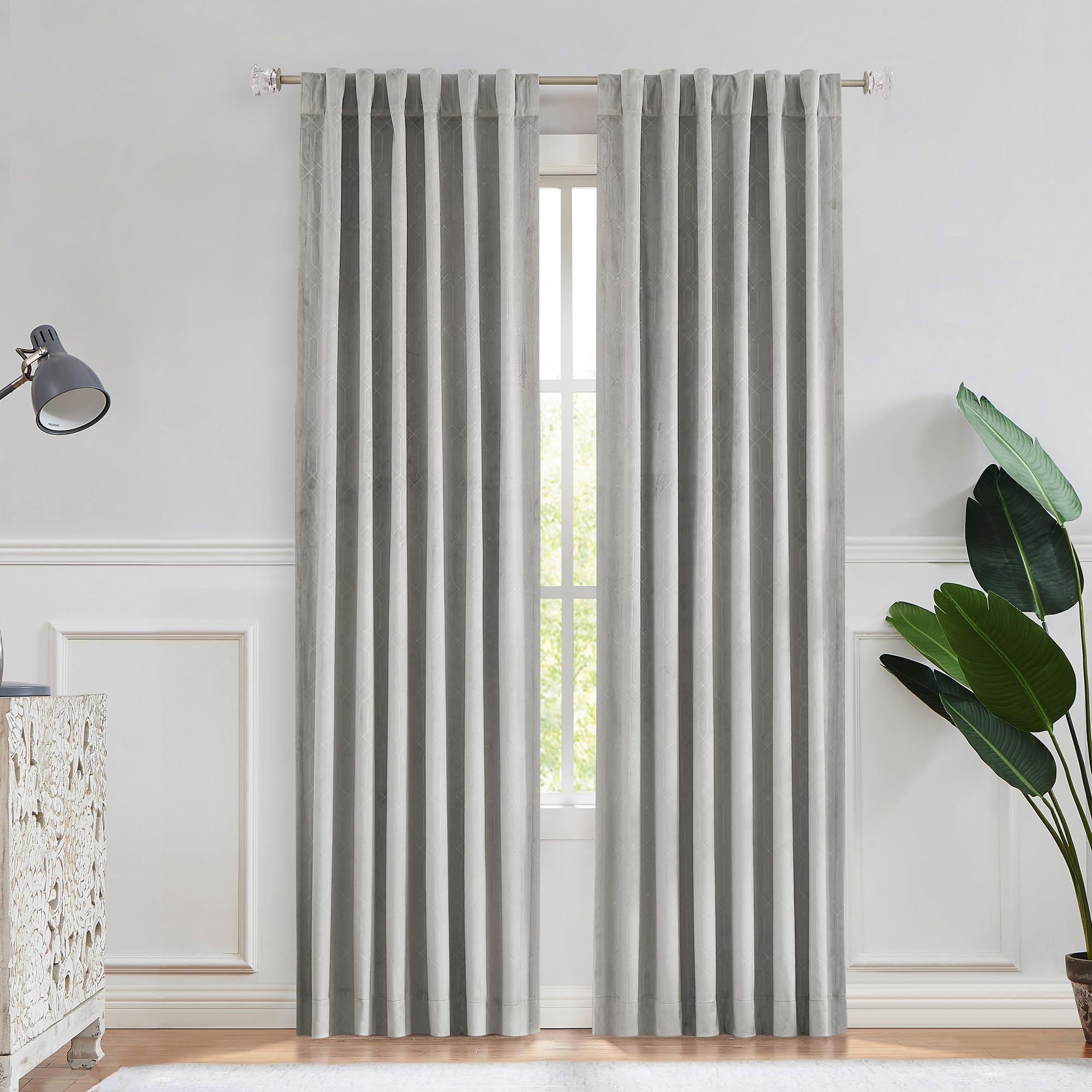 Gray Velvet Blackout Curtain Panels Noise Reduction 60%-70% Room Darkening Window Treatment Drape Sets Rod Pocket Back Tabs Geo Embossed Trellis Pattern, for Living Room, Bedroom, Nursury, 52"x95"x2