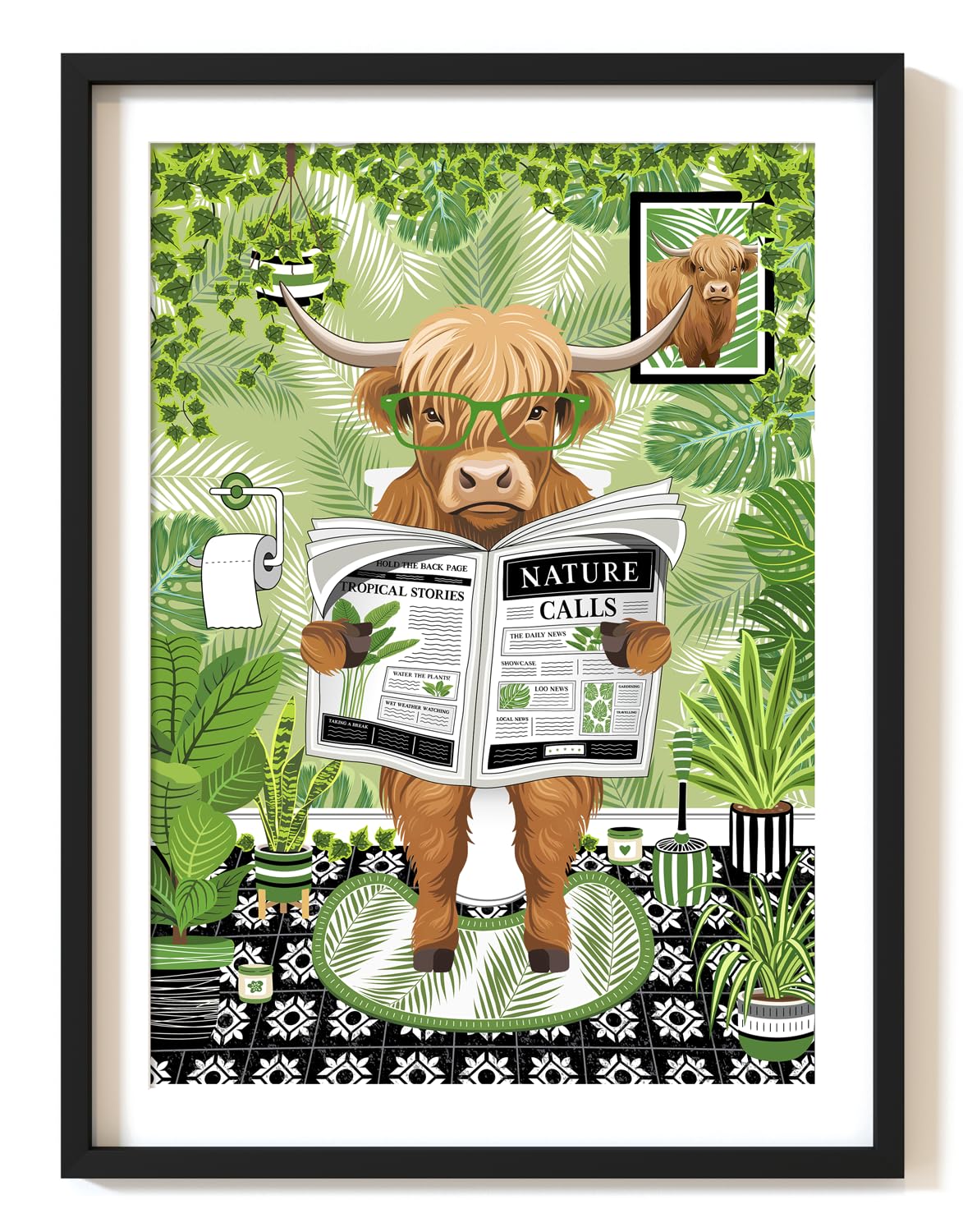 Parmaro Highland Cow on Toilet, Reading Newspaper Bathroom Decor, A4 UNFRAMED Print, Animal on Toilet, Green Black Botanical Tropical