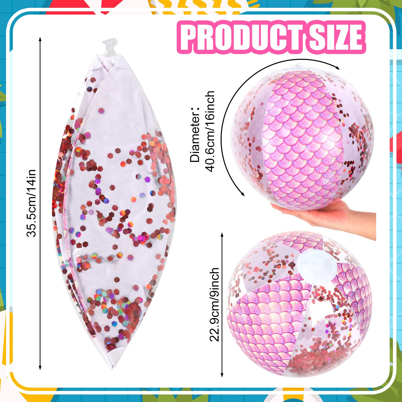 Whaline 3Pcs 16'' Mermaid Inflatable Beach Ball Glitter Pool PVC Balls Game Play Balloons for Summer Hawaiian Tropical Theme Beach Party Decorations Water Sand Game Accessory, Pink Blue Purple