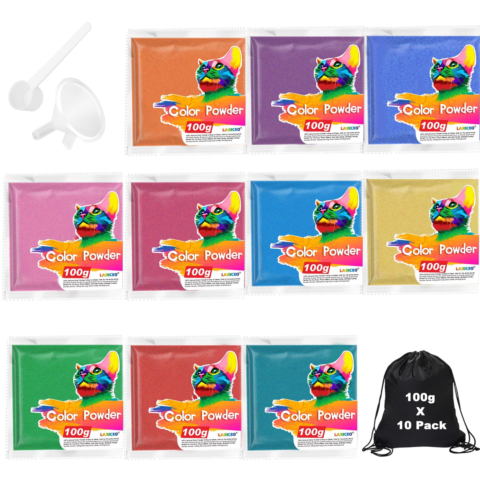 Photo 1 of 10-Pack Natural Holi Color Powder (100g Each), 10 Vibrant Colors with Backpack, Spoon, Funnel, Color Run Powder for Toss, Rangoli, Fun Runs, Summer Camps, Festivals, Gender Reveals & Parties