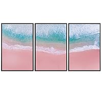 SIGNWIN 3 Piece Framed Canvas Wall Art Pink Seascape Canvas Prints Home Artwork Decoration for Living Room,Bedroom - 16