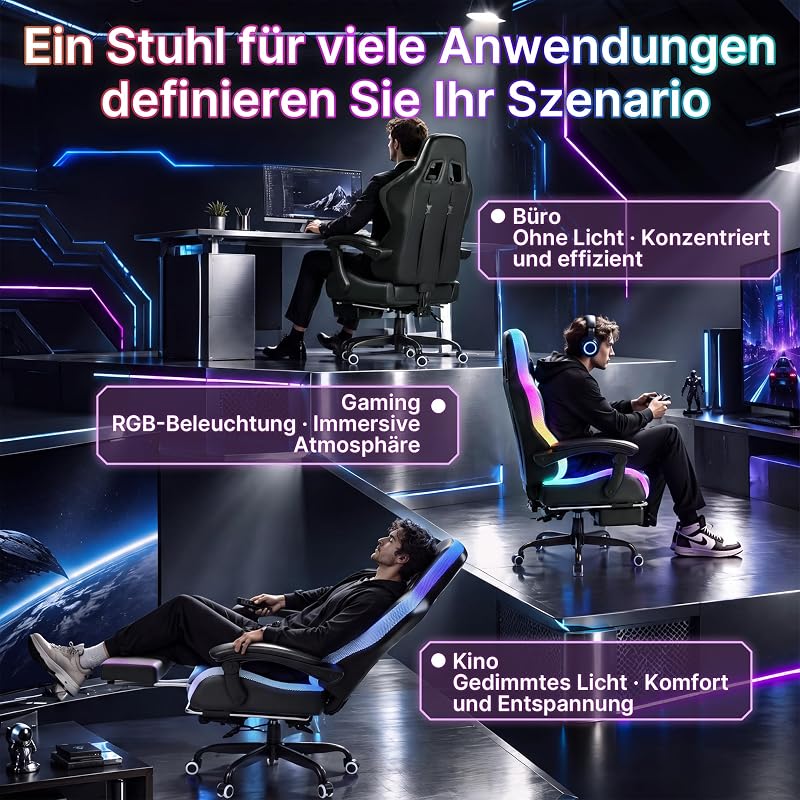 Gaming Stuhl mit led, Cool Racing Gamer Stuhl, Ergonomischer Bürostuhl mit Massagefunktion, Verstellbare Rückenlehne 90-135°, mit Teleskop Fußstütze, Gamingstuhl 150 kg belastbarkeit, Weiß — Foto 8 von 8