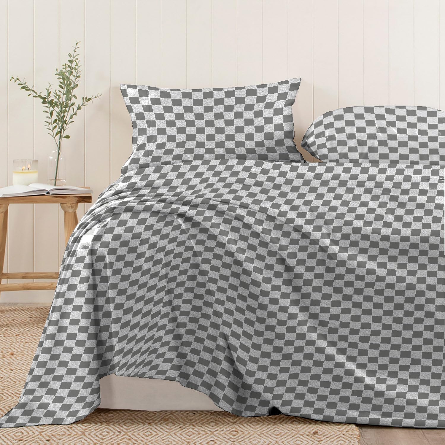 Pizuna Cotton Single Size Smart Checks Grey Print Flat Sheet 1 Piece Only, 100% Long Staple Combed Cotton Flat Bed Sheets 180cm x 280cm, Sateen Weave Cooling Flat Sheet Single (Printed Bed Sheets) — image 1