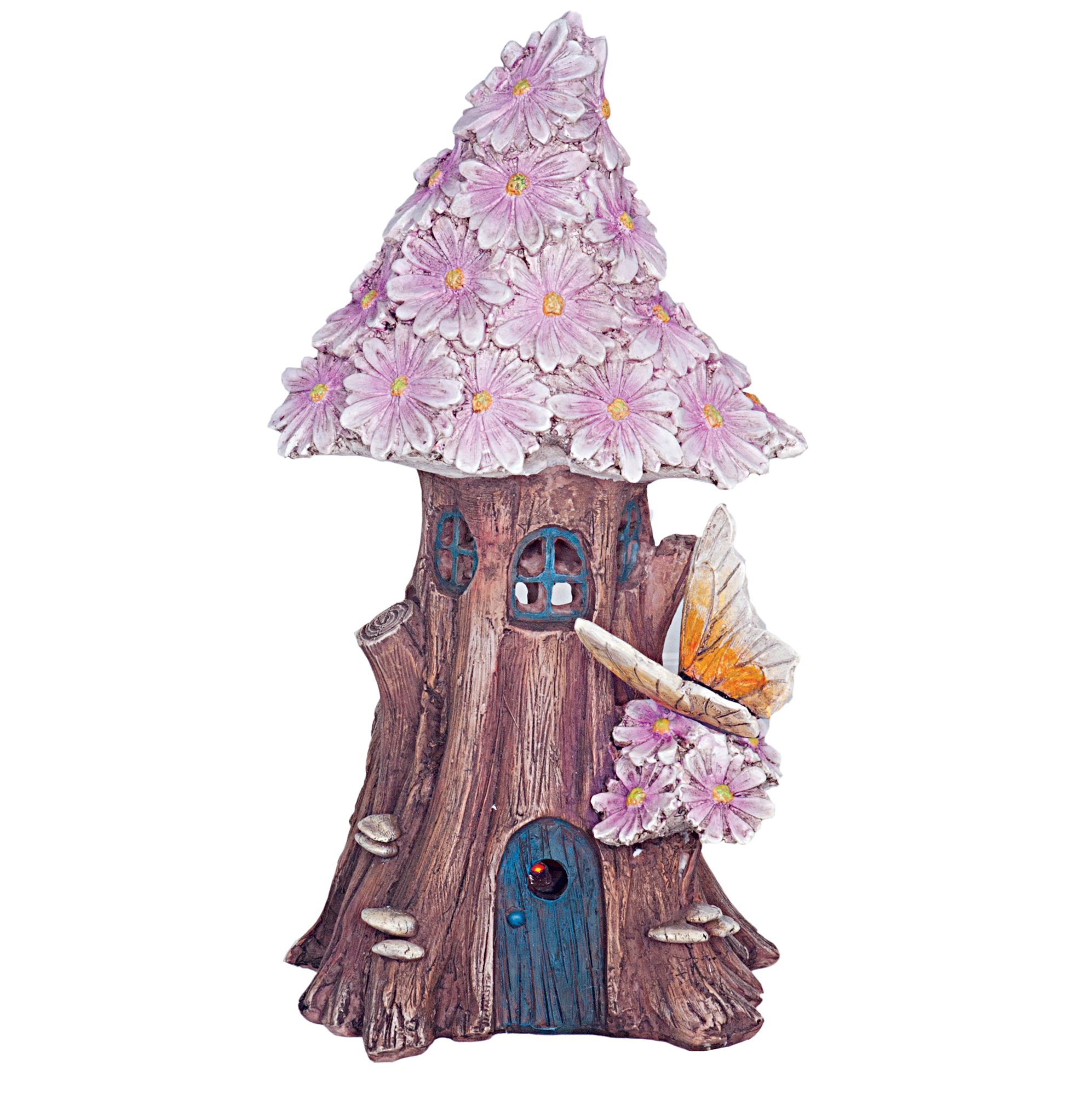 Solar Powered Illuminated Fairy House 22 CMS TALL/Dwelling Garden Ornament in a Tree Trunk with Pink Flowers and Butterfly …